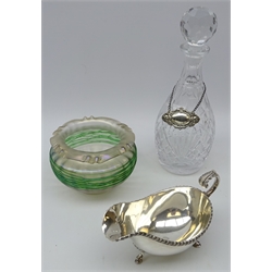 Loetz style bowl with green glass banding, D15cm, Edinburgh crystal decanter with hallmarked silver Port label and Victorian silver-plated sauce boat (4)   