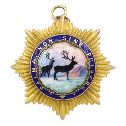 9ct gold Royal Antediluvian Order of Buffaloes presentation medallion/brooch, with applied Norwegian enamel depicting stags, the reverse presented by the Cobridge Lodge No 3989, hallmarked Chester 1939 