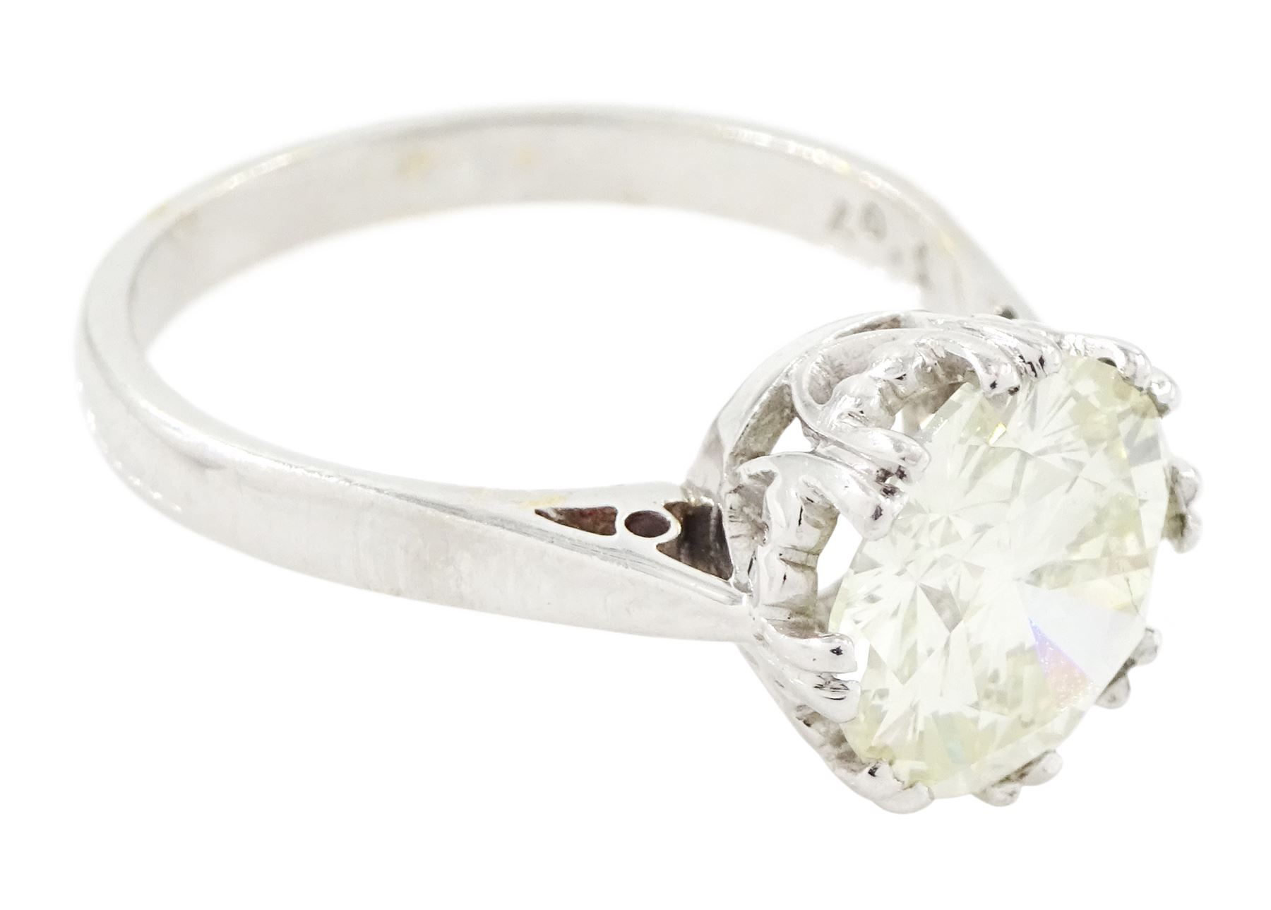 18ct white gold single stone diamond ring, in a fancy heart shaped gallery, hallmarked, diamond 3.07 carat