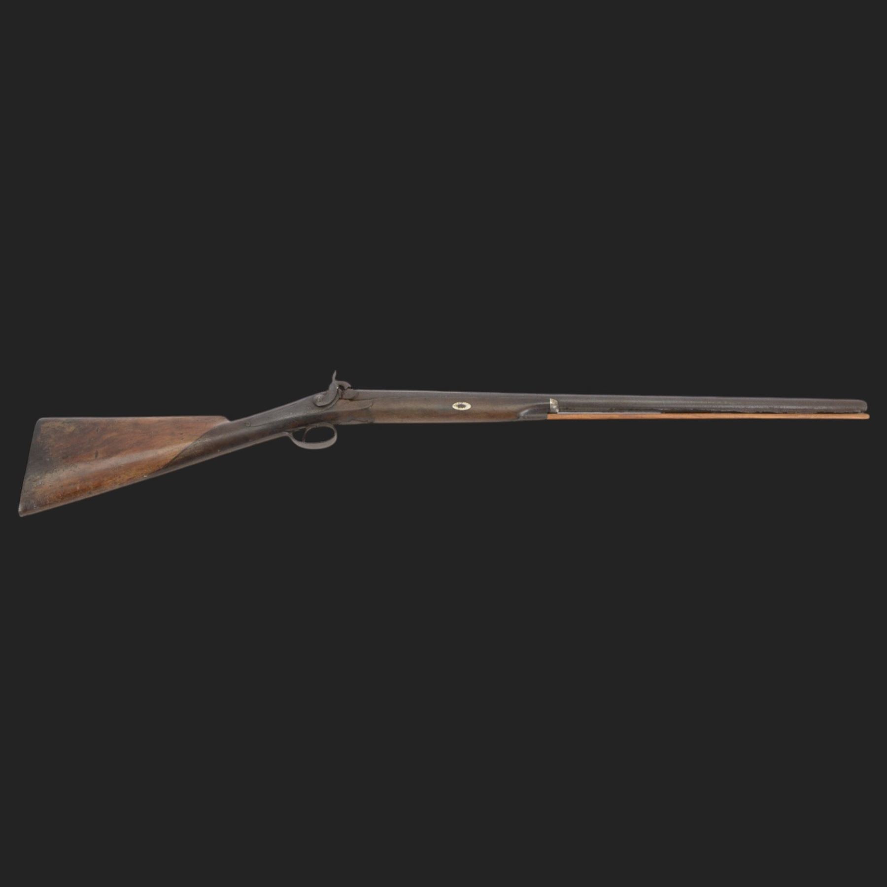 19th century percussion musket, the 76cm barrel with ramrod under, full walnut stock, overall L116cm
Sold as an exempt item under Section 58 (2) of the 1968 Firearms Act, to be held as a curiosity or ornament