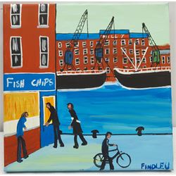 William Findley Burns (Northern British 1949-): 'Fish and Chips', oil on canvas signed, titled verso 30cm x 30cm