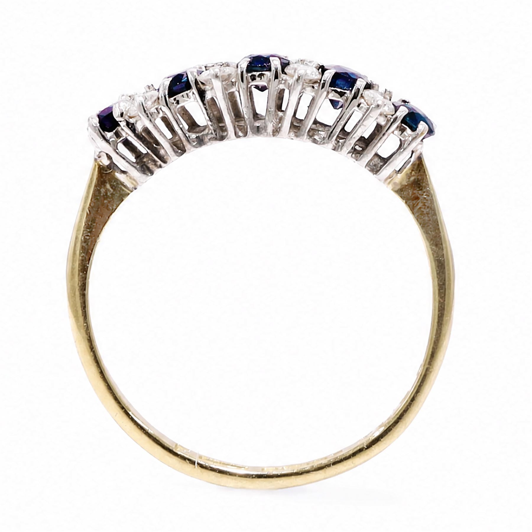 18ct gold sapphire and diamond ring, five round cut sapphires, spaced by two two round round brilliant cut diamonds, Birmingham 1983, total diamond weight approx 0.25 carat
