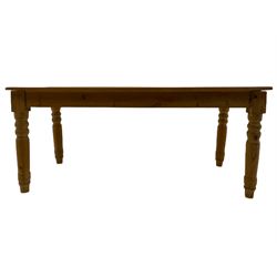 Victorian style pine farmhouse dining table, rectangular top on turned supports