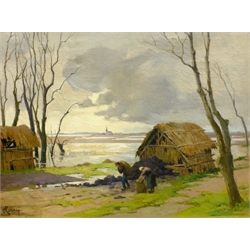 P Roblin (20th century): Figures by a Barn, oil on canvas signed 44cm x 59cm