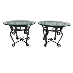 Pair of wrought metal and glass top oval lamp tables