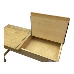 Mid-20th century beechwood school desk, rectangular lift-top desk with storage compartment, supported by square legs with cross stretchers; four matching beech chairs (5)