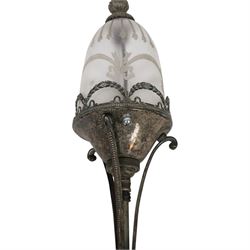 Silvered ceiling light with etched drop shade together with oil lamp with clear glass reservoir, ceiling lamp H38cm