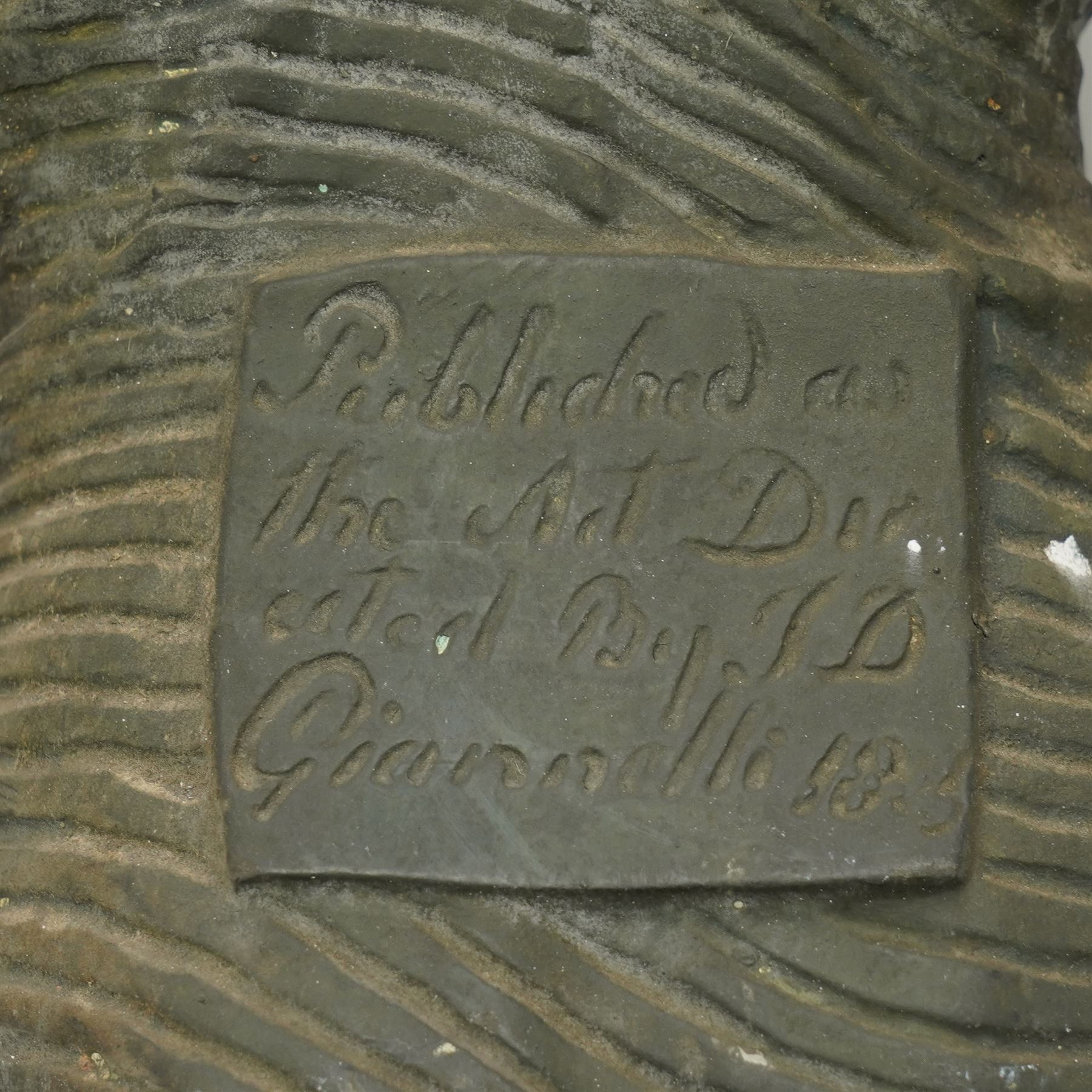 Neoclassical 19th century plaster pedestal, the base cast as two straining Atlantes on a naturalistic rocky base, unmarked, excluding fittings H65cm; together with a set of three plaster figures, cast as Egyptian ladies in headdresses and draped in cloth, by John Dominic Giannelli (1775-1841), the reverse with hieroglyphic decoration, inscribed 'Published as the Act Directed By J D Giannelli 1805', possibly corresponding attachments for the aforementioned pedestal, H62cm 
Provenance: property of a Nobleman