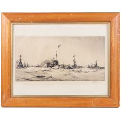 Rowland Langmaid (British 1897-1956): Newlyn and St Michael's Mount, etching signed in pencil 16cm x 30cm; Frank Henry Mason (Staithes Group 1875-1965):  Surrender of the German Fleet, etching 17.5cm x 35cm (2)
Notes: Original signature removed and wrongly attributed.