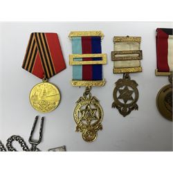 RAOB jewel Bourn Lodge 9394 with 25 years bar; two masonic jewels and triangular pendant watch; British Iron Cross style propaganda medallion; French Legion of Honour and Combatants Cross; and three foreign medals