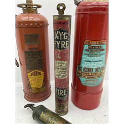 Early 20th century Kyl Fyre dry powder fire extinguisher, together with a Pyrene C.T.C fire extinguisher, and two larger fire extinguishers comprising a 1962 Minimax example and a Lister example, tallest H66cm