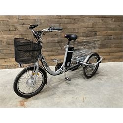 Alpine electric tilt trike - power assisted with throttle (no need to pedal), 15.5mph with 40 mile range, only 37 miles from new, silver finish, removable battery with charger, YoungDo gell seat with cover, £2749 new.