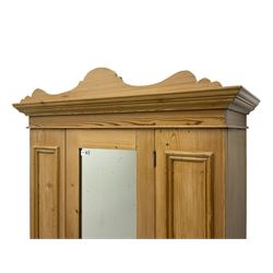 Edwardian pine single wardrobe, with mirror door and drawer to base