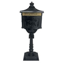Classical black painted aluminium post box on pillar base, with keys