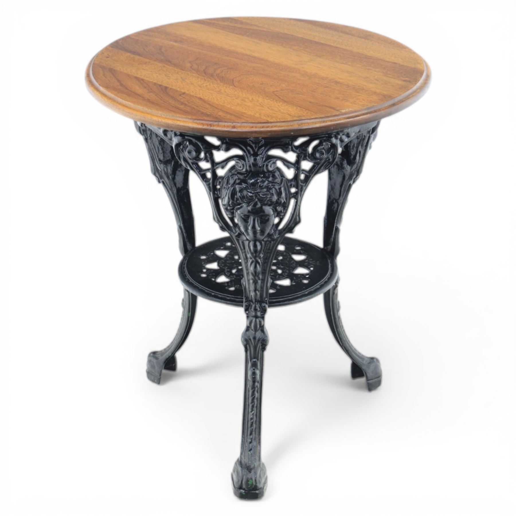 20th century stained hardwood pub table, round boarded top with moulded rim, supported on an ornate pierced cast iron pedestal with scrolling detail and three cabriole supports ending in pad feet