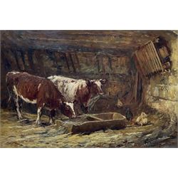 James William Booth (Staithes Group 1867-1953): Shorthorn Cattle and Hens in Stable setting, oil on canvas signed 60cm x 90cm
Provenance: same family ownership for over 25 years
