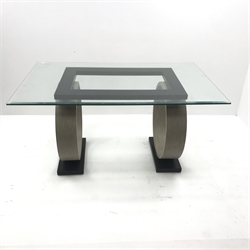  Oka glass top dining table, sculptured circular mango wood supports on plinth base, W150cm, H78cm, D92cm  
