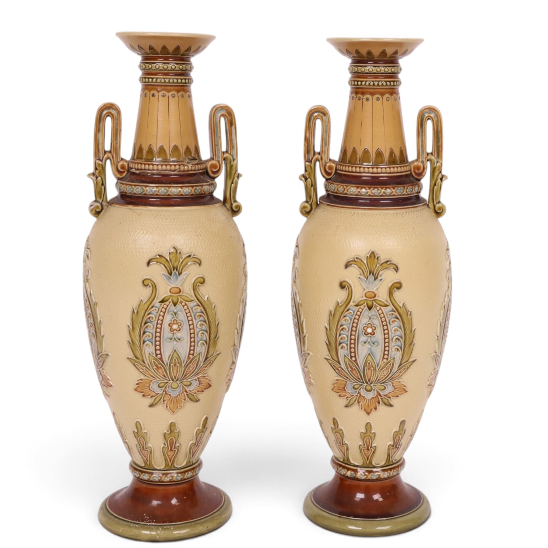 Villeroy & Boch Mettlach, pair of twin handled vases, decorated with floral panels and beaded neck, model 2505, H34cm 