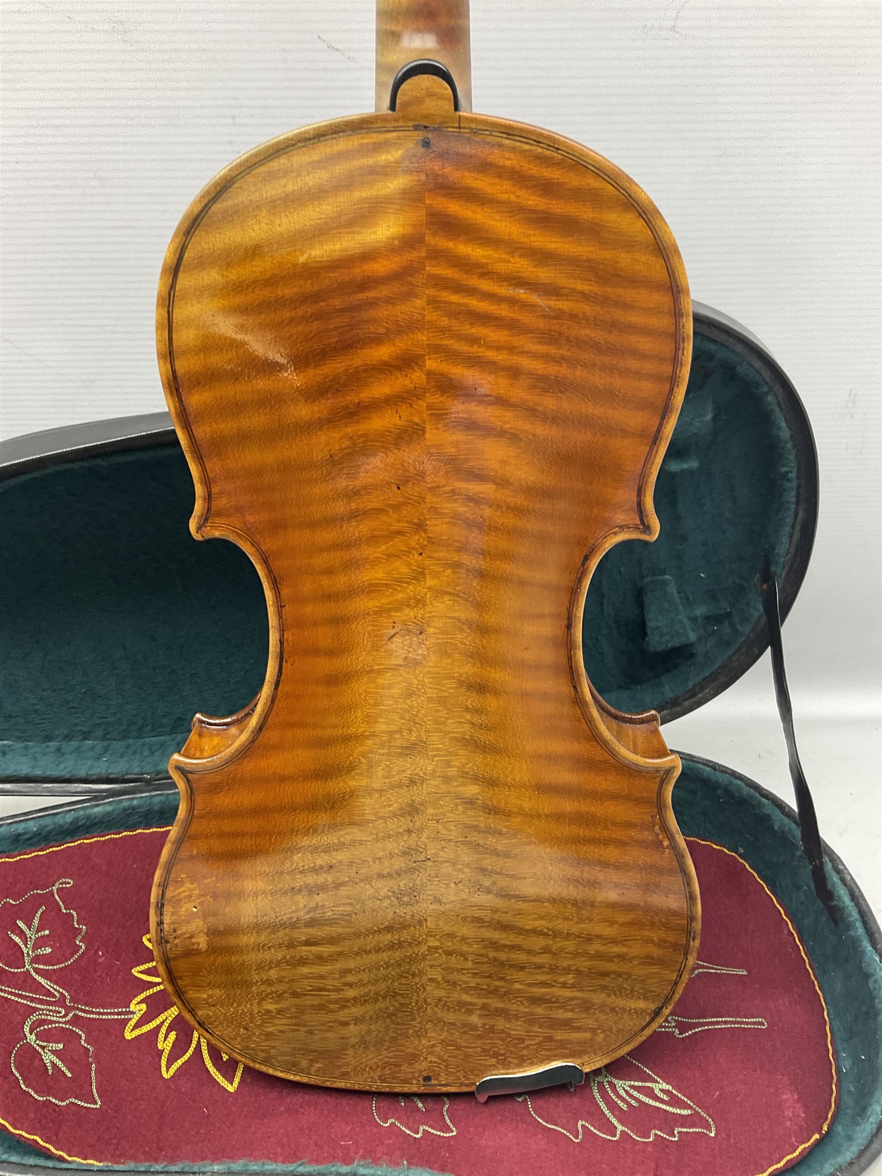 French violin c1900 labelled Guadagnini with 35.5cm two-piece maple back and ribs and spruce top, labelled 'Joannes Baptista Guadagnini Pla Centinus Fecit Mediolani 17**' L59cm overall; in hard carrying case
