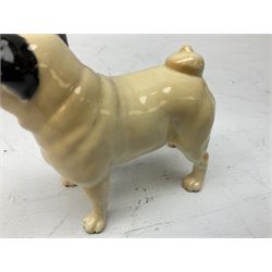 Three Beswick models comprising Hereford Bull no 949, 'CH Cutmil Cupie' Pug, and bay Shire horse, all with printed marks beneath