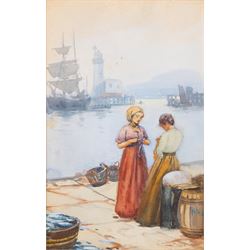 Frank Henry Mason (Staithes Group 1875-1965): 'Leisure Moments' - Girls knitting on the Qu...