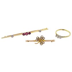 Early 20th century 18ct gold three stone garnet and two stone old cut diamond brooch, three stone single cut diamond ring, stamped 18ct and a seed pearl shamrock brooch