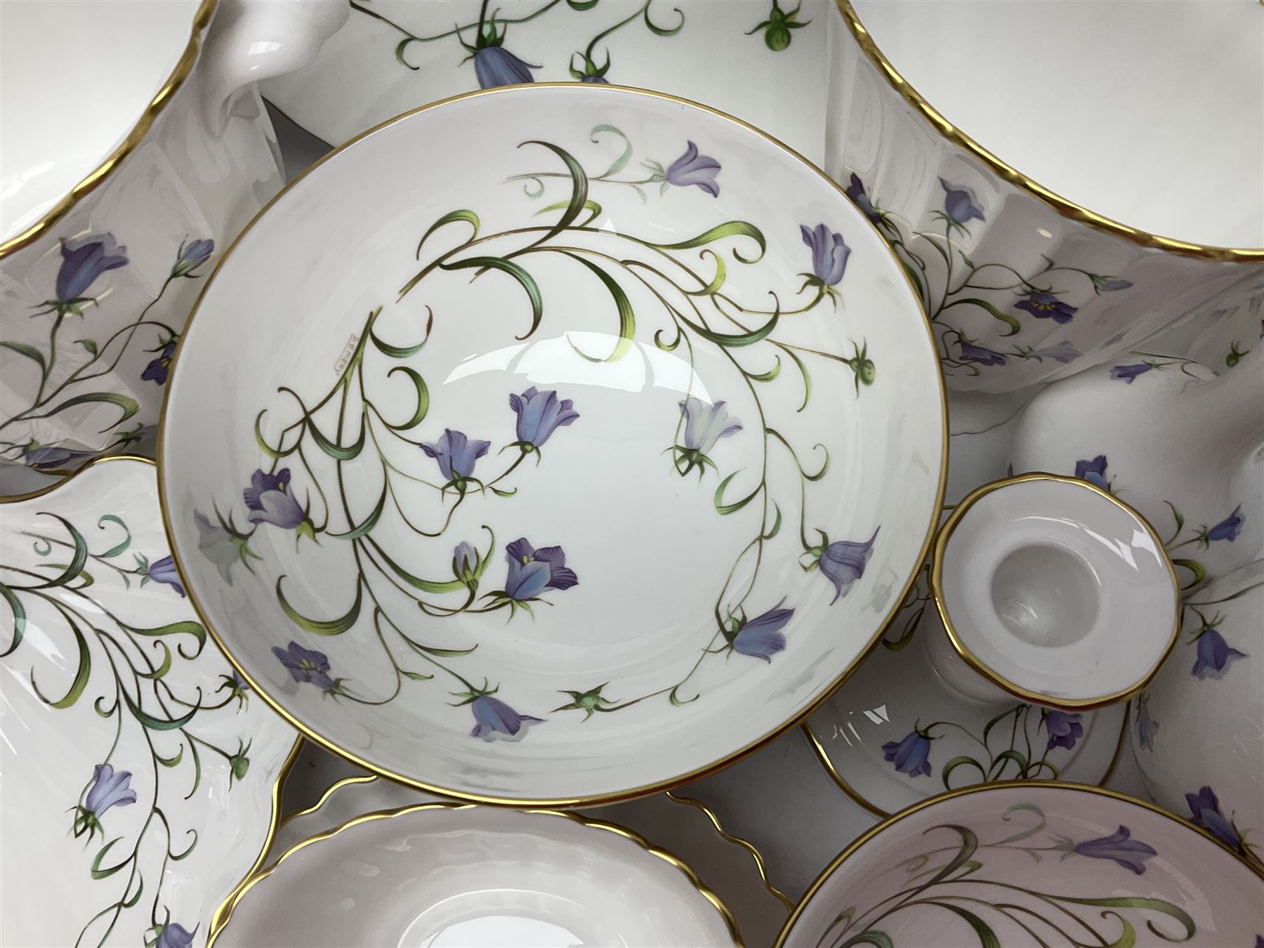 Large collection of Spode Campanula pattern ceramics, to include two cake plates, candle stick, vases bowls, planter, covered bon bon dish etc, many with boxes 