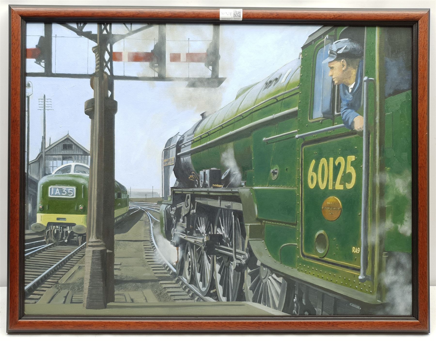 Brian Lister (British 20th century): Locomotive 'Scottish Union' 60125 Leaving Leeds Central Station, oil on board unsigned, label verso 50cm x 66cm
