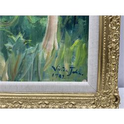 Vivien John (British 1915-1994): 'Forest Scene', oil on board signed and dated 1982, titled on label verso 55cm x 37cm 