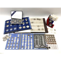 Mostly Canadian coins including 1967 six coin set, various Canadian 50 cent coins, various nickels, Royal Canadian Mint 1990 specimen coin set in blue folder with outer sleeve, various Canadian dollars etc, in folders and loose