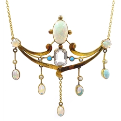  Opal, aquamarine, turquoise and seed pearl gold necklace, the central  largest opal approx 2.3 carat  
