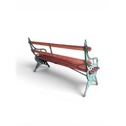 Coalbrookdale - Lily Pad design cast iron an wood slatted garden bench, late 19th century Aesthetic Movement, no. 217569, distressed green paint, iron centre support and seat stretcher, hardwood slatted