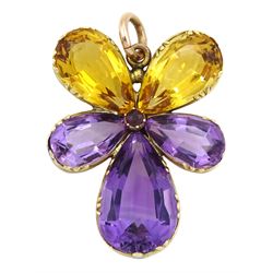 Early-mid 20th century gold citrine, amethyst and garnet pansy pendant 
