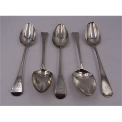 Five George III silver Old English pattern table spoons, all engraved with initials to terminal, to include pair hallmarked John Lias, London 1810, one hallmarked Peter & William Bateman, London 1808, one hallmarked Solomon Hougham, London 1796 and one hallmarked Thomas Dicks, London 1813
