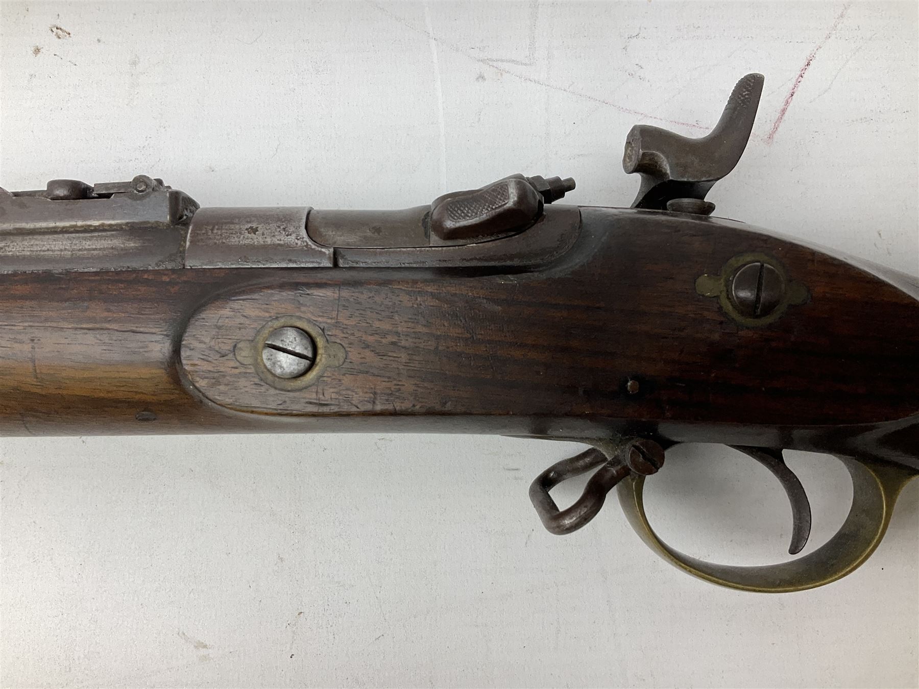 19th century D. & J. Fraser Edinburgh .577 Snider action gun, the 94cm barrel with three-groove rifling, three barrel bands and maker's name to top, full walnut stock with brass fittings, trigger guard inscribed J.D.M.,  L141cm