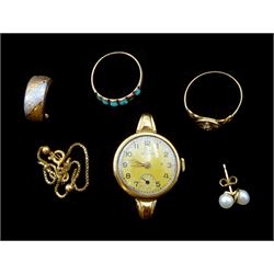 9ct gold Record ladies manual wind wristwatch, 15ct gold ring, 7ct gold turquoise ring and 9ct gold jewellery oddments, all stamped or tested
