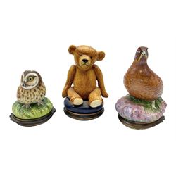 Three Halcyon Days enamel bonbonnieres, the first example modelled as an owl, second as a grouse, and third as a teddy bear, unboxed 