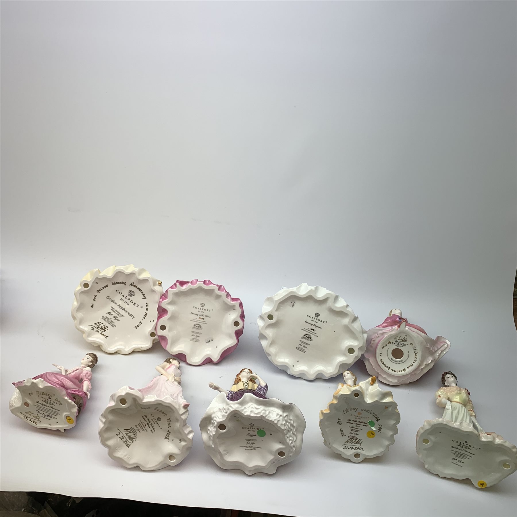 A collection of Coalport figurines, comprising, Evening at the Opera, Evening Elegance, Maggie, Golden Anniversary, Artisan's Choice 2003 with accompanying certificate, all with boxes, plus White Rose of Yorkshire, Barnsley Belle, Red Rose of Lancashire, Pontefract Princess, Mary, Celebration, Artisan's Choice 2004, and a Second example. (13). 