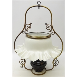  Early 20th century brass framed hanging oil lamp with Japanned well and opaque frilled edged shade, H70cm    