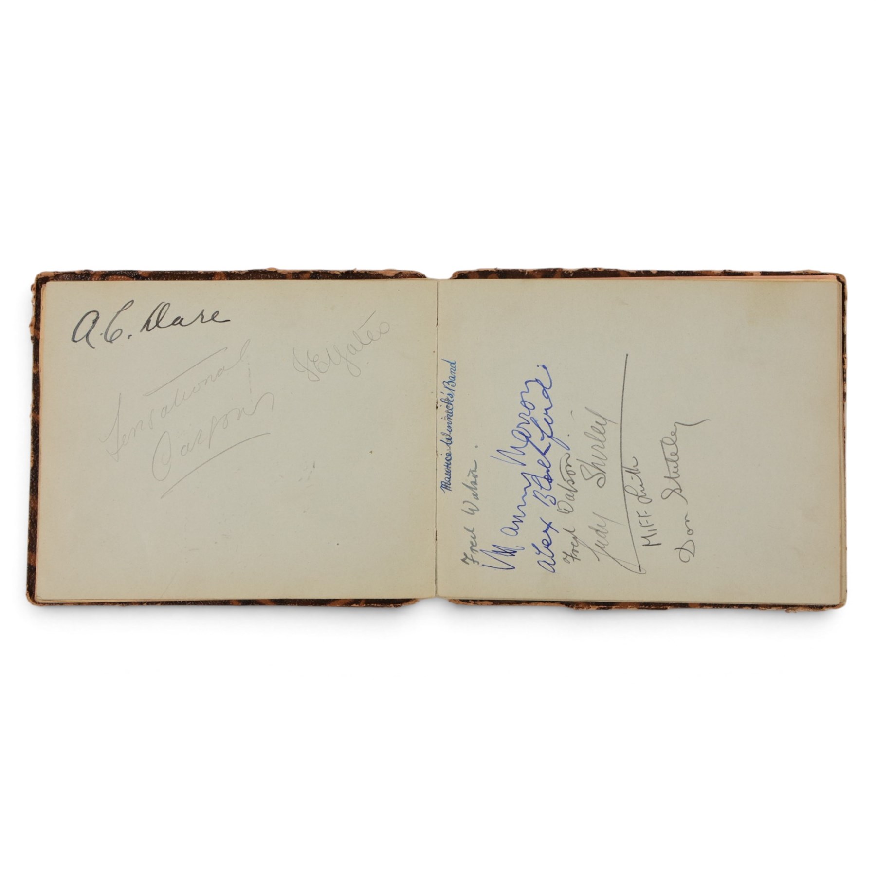 Three 1930s autograph and scrap books, comprising a scrap book documenting the Australian Rugby League team tour of England and France 1937 with newspaper clippings and a collection of signatures in pencil including Wally Prigg, Harry Pearce and Jack Reardon and two autograph books from 1935 and 1936, with signatures including players from St Helens RLFC, Yorkshire Cricket Club, Hull FC, Dewsbury RLFC, Blackpool FC, Salford RLFC, Leeds RLFC, Batley RLFC, Wigan RLFC, Manchester United, Hull Baseball Club, Tottenham Hotspur FC, and assorted entertainment signatures from theatres of the time 