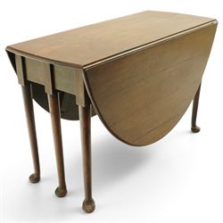 George III oak six-legged drop-leaf dining table, the oval drop-leaf top over six gate-leg...