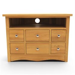 Modern oak living room set comprising; a small side cabinet, corner TV stand and coffee table, cabinet with single drawer and cabinet, finished with metal handles (H 80cm, D 32cm, W 80cm), TV stand with open recess and rear aperture for wires, above nine drawers with chrome pulls (H 62cm, D 50cm, W 84cm)  coffee table with curved edges and full length undertier (H 50cm, D 60cm, W 90cm)  
