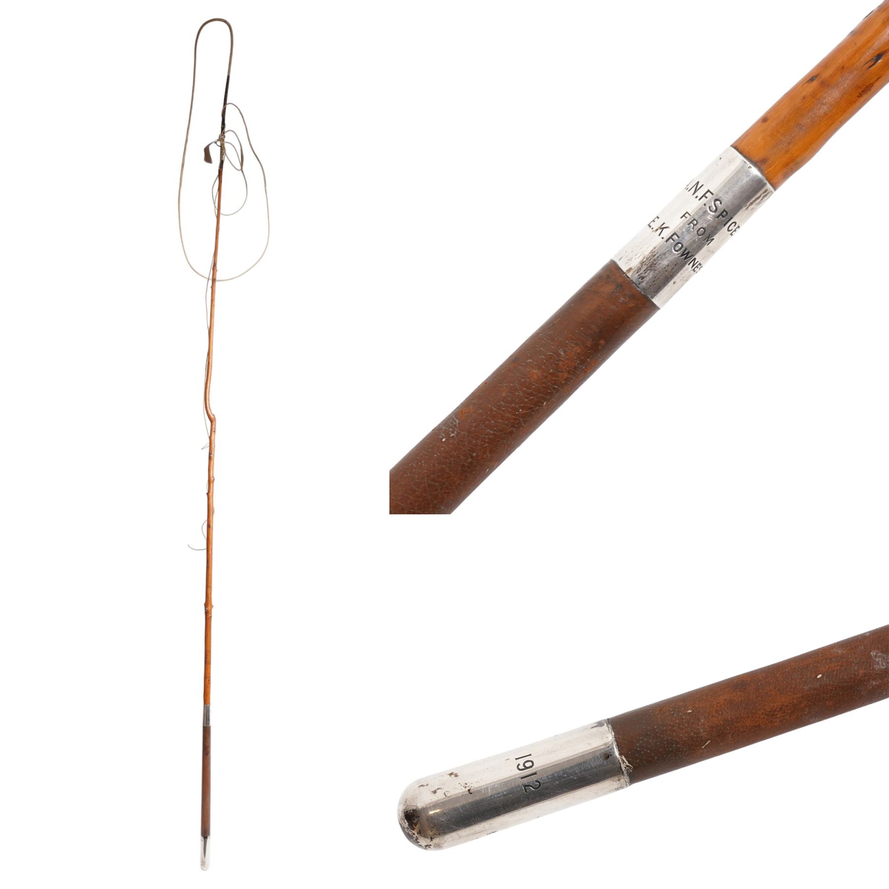 Swaine & Adeney( London) - 20th century yew coaching whip, silver ferrule engraved 'A.N.F Spicer From E.K Fownes' and silver butt end engraved 1912, hallmarked London, L160cm