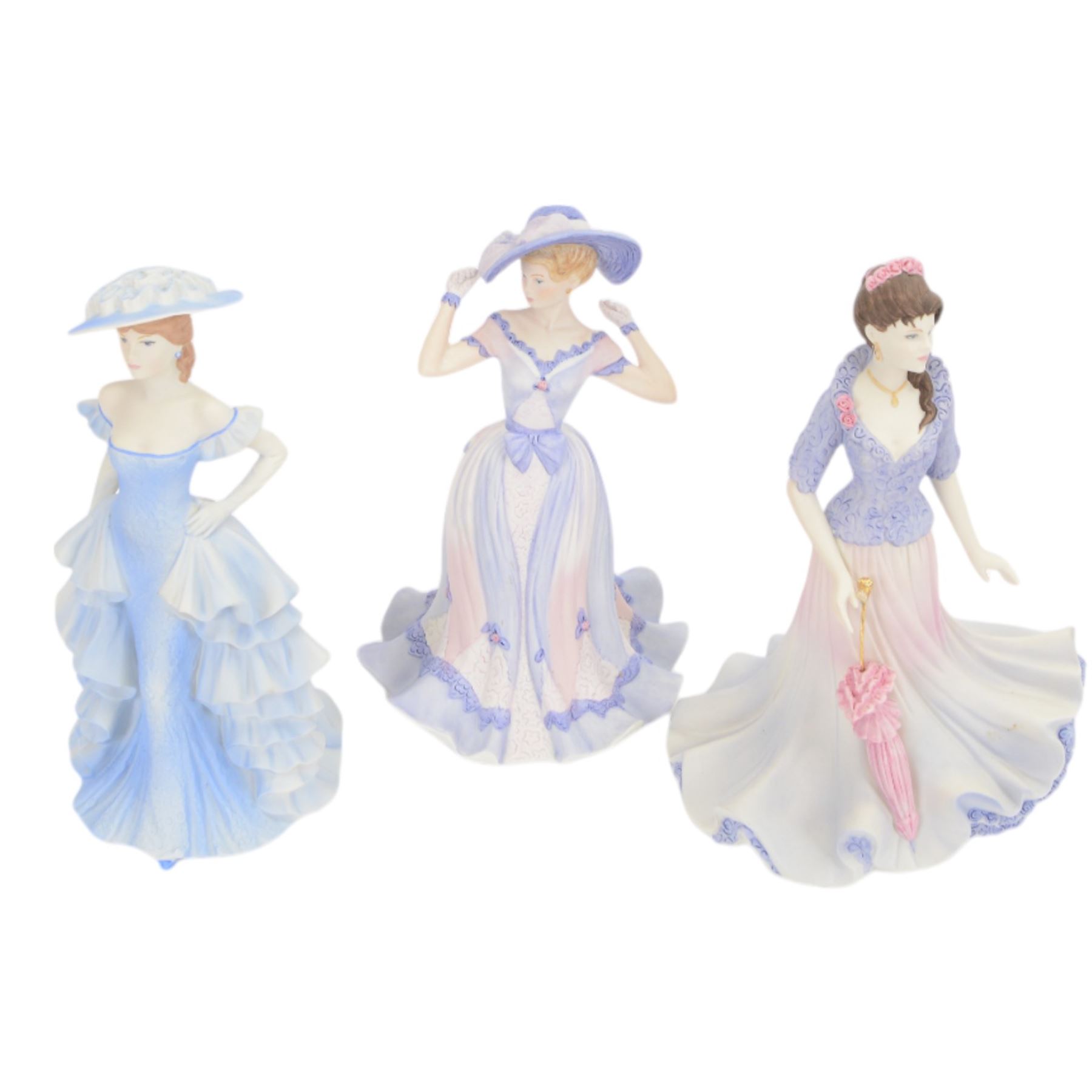 Eighteen Coalport Age of Elegance bisque figurines, including Brighton Promenade, Kensington Parade, Spring Pageant and Mandarin Crescent, mostly boxed