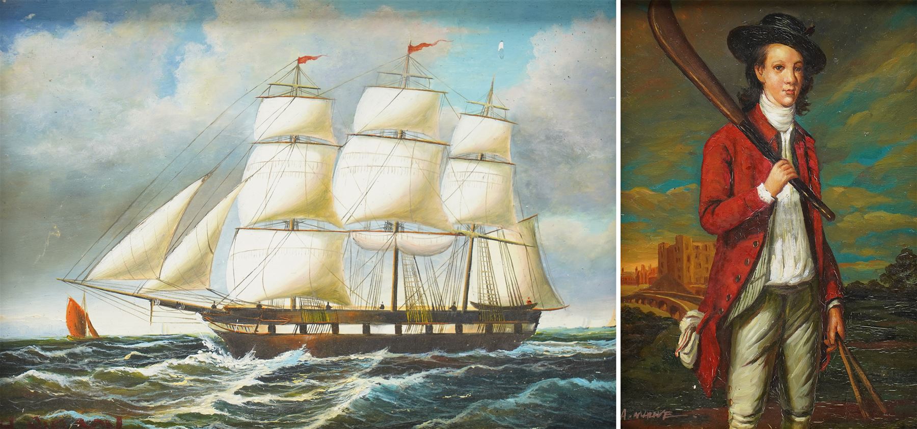 English School (20th century): Portait of a Boy with a Bat and a Ship Portrait, two oils on wood panel in matching gilt frames indistinctly signed 16cm x 11cm and 11cm x 16.5cm (2)