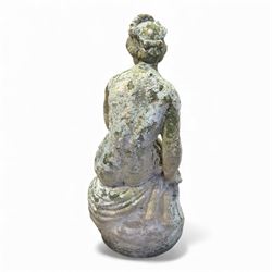 Cast stone female figure along with vintage iron pot-cradle / cauldron stand 