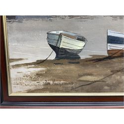 Don Micklethwaite (British 1936-): Scarborough Harbour, oil on board signed 52cm x 95cm  