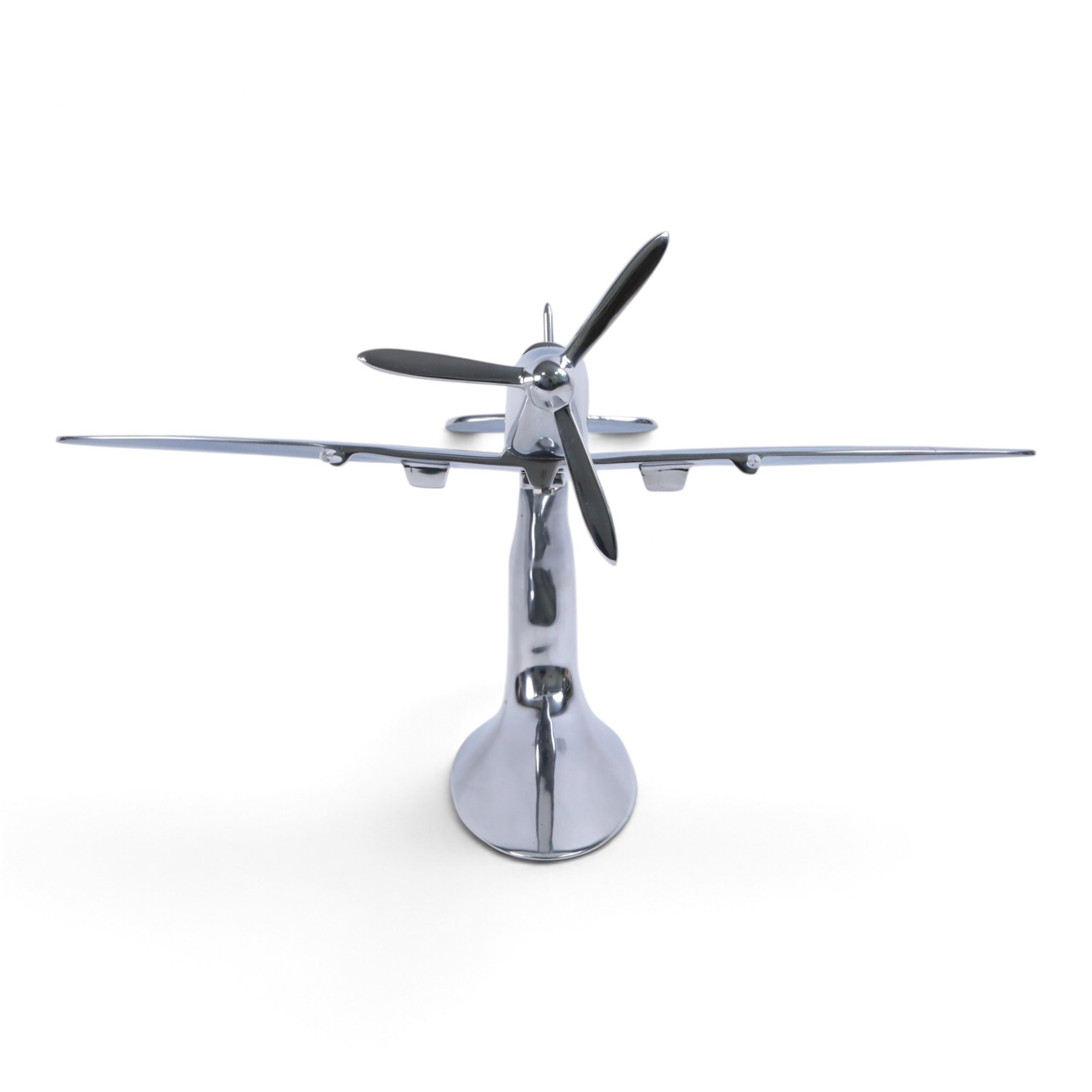 Modern polished metal model of a Spitfire, H36cm