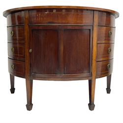 19th century and later mahogany demi-lune side cupboard, fitted with six drawers and central double cupboard, on square tapering supports with spade feet, satinwood banding throughout 