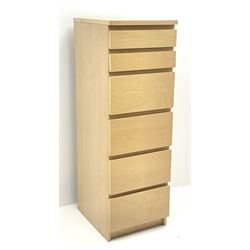 Narrow Ikea Cherry effect chest,  single hinged top above six graduating drawers
